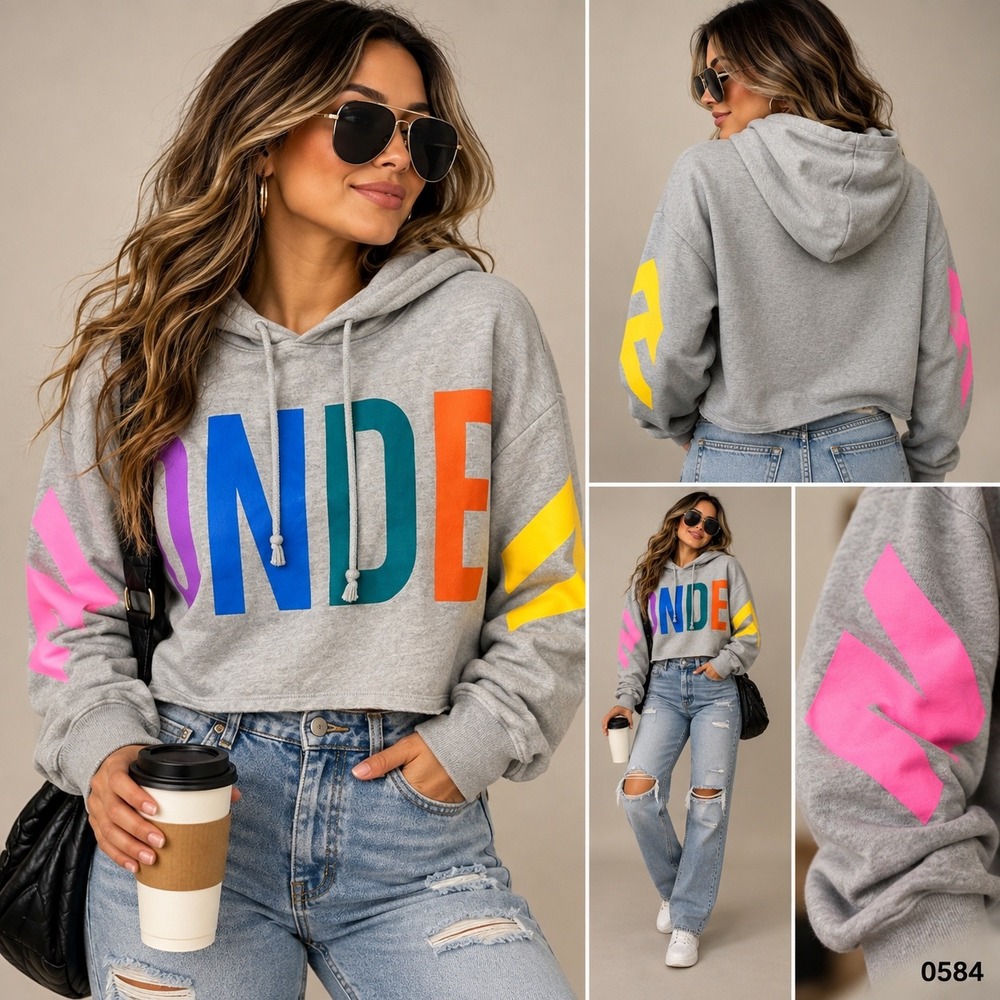 Flirtitude Active Grey Wonder Rainbow Graphic Cropped Hoodie XL 0584